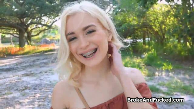 Broke braceface cutie blows stranger outdoors